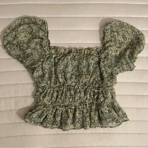 Moa Moa Green Floral Puff Sleeve Blouse